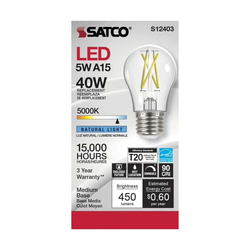Satco S12403 - 5 Watt LED A15 Clear LED Bulbs - 5000K - 120 Volt (6 pack) - Image 2 of 4
