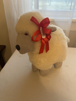 Handmade Fur Stuffed Sheep Lamb Toy Soft Genuine Sheepskin Suede Red Ribbon