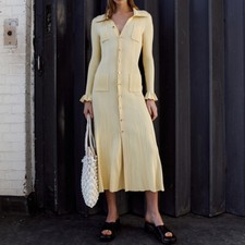 French Style Long Sleeve Women Mid Long Dresses Single Breasted Knitted Slim Fit