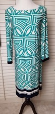 Jessica Howard Shift Dress Career (M) 3/4 Sleeve Teal/Navy Ivory Boatneck EUC