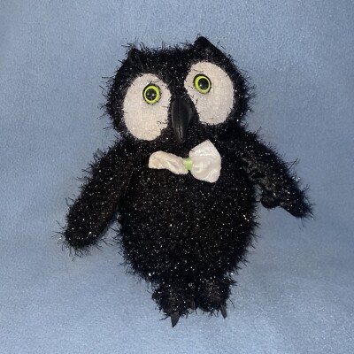 VTG Halloween Plush Scared Black Fuzzy Hairy Shiny Owl Bow Tie Decor Stuffed