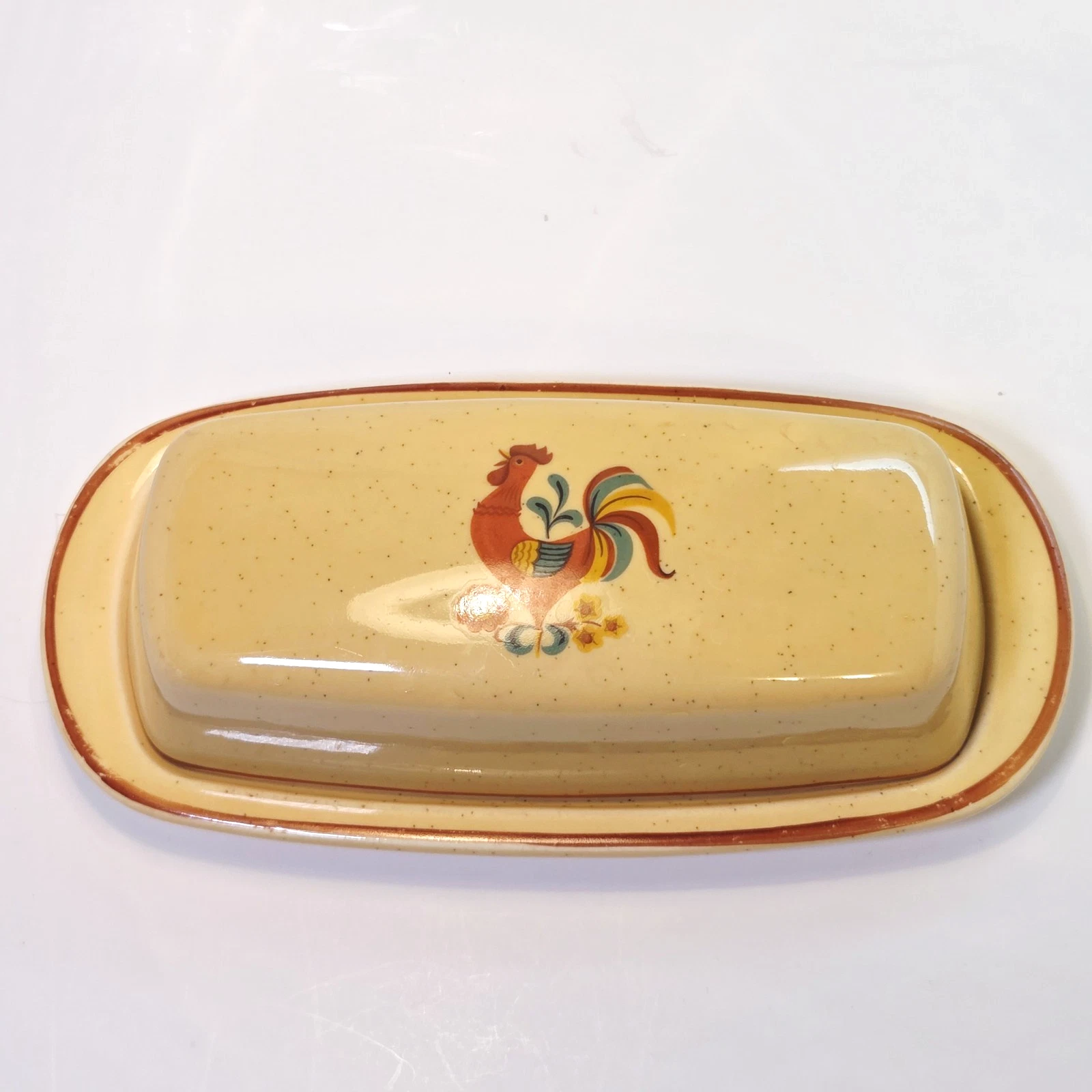 Vintage TST Taylor Smith Taylor Rooster Reveille Red Trim Butter Dish TS&T