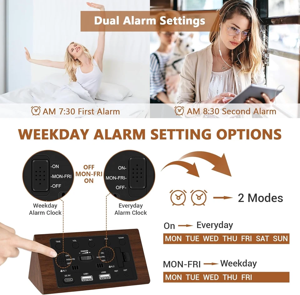Reloj despertador digital de madera, 0-100% atenuador, 2 ajustes de alarma, lunes de semana/día Foto 4 de 4