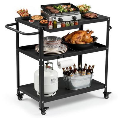 Grill Cart Table Indoor & Outdoor with 4 Lockable Casters, Hooks & Side Handl...