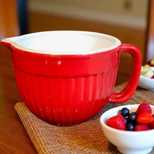 Vintage 3Qt. LILLIAN VERNON Red Ribbed  Spouted Mixing Batter Bowl With Handle