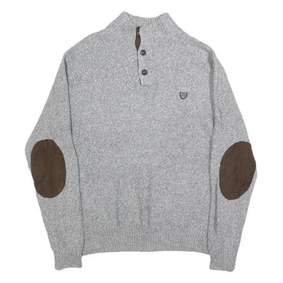 CHAPS Herren Grau Pullover Baumwolle Strick Rundhals Knopfkragen L