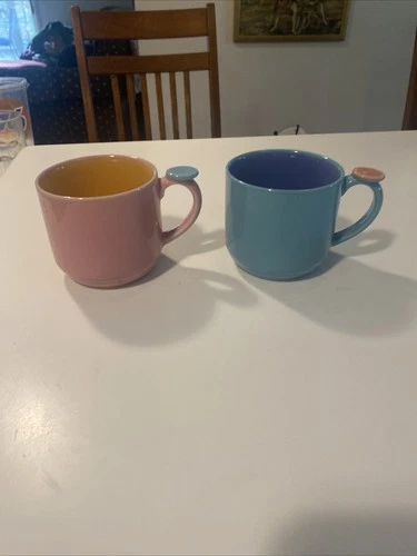 Pair of Lindt-Stymeist Colorways Thumbprint Coffee Mugs Pink & Yellow Blue Teal