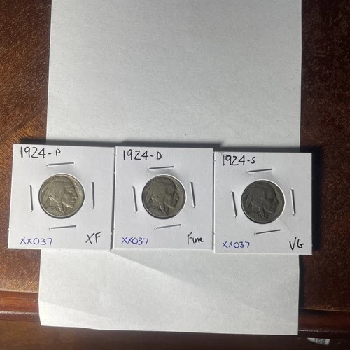 KEY  DATE SET 1924 P D S. BUFFALO NICKELS  VERY GOOD THROUGH XF.  XX037