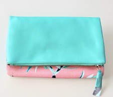 Rachel Pally Reversible Foldover Clutch Teal Pink Faux Leather New