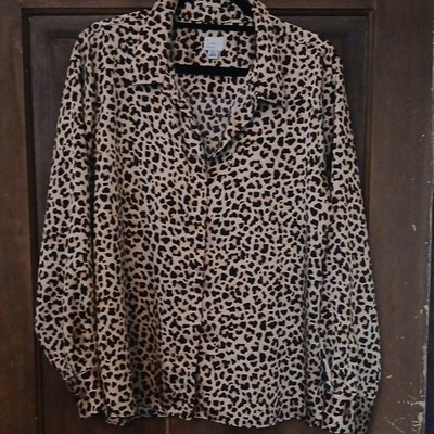 A New Day Women's XL Leopard Print Button-Up Long Sleeve Shirt Beige Black