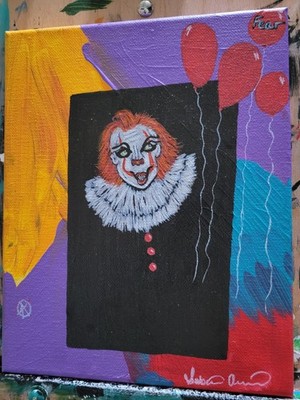 Original Acrylic Painting On Canvas IT  '' Clowns And Ballons'' 8*10