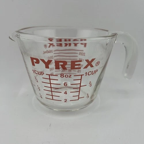 Pyrex Vintage #508 One Cup / 8oz Glass Measuring Cup w/ RED Lettering Metric USA