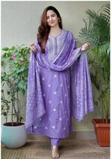 Womens Cotton Blend Solid Kurta Set for Women with Dupatta Thready Work