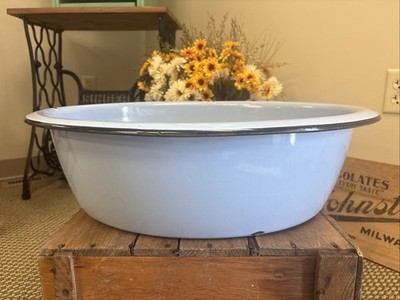 Large Vintage Enamel Ware Tub Basin Oval Wash Bowl 20 1/2  Blue Baby Bath