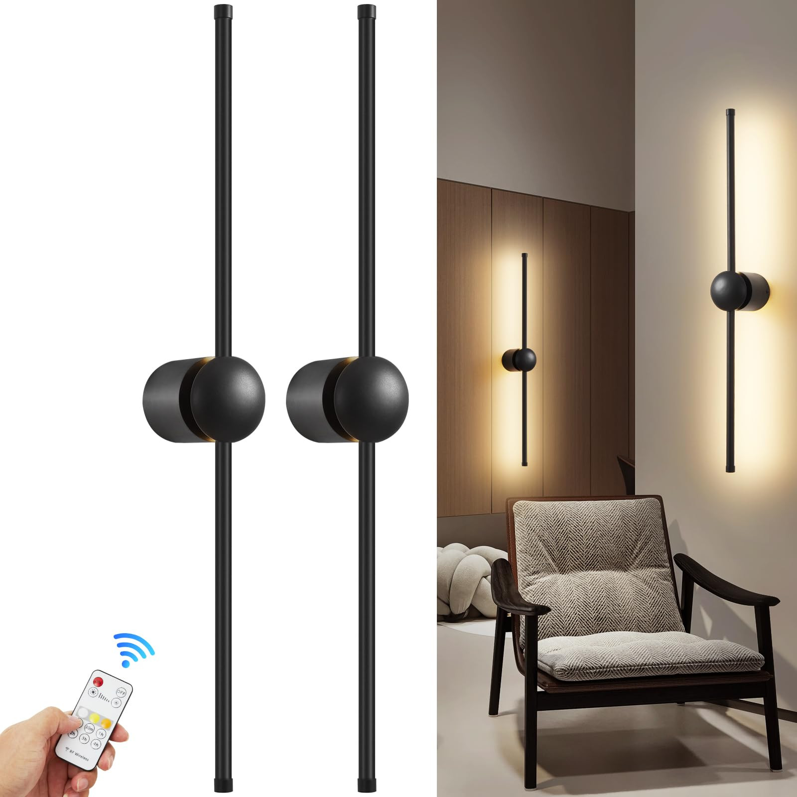 Battery Operated Wall Sconce Set of Two, Wireless Battery Powered LED Wall Li...