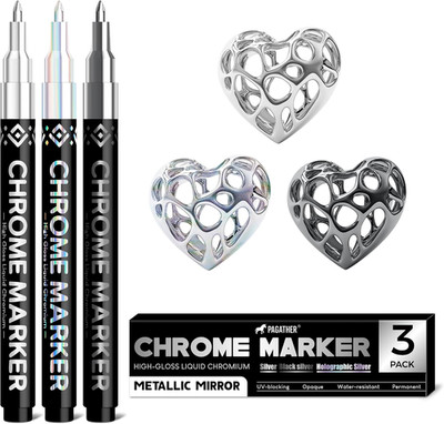 3 Colors Chrome Paint Markers, Light, Black and Laser Silver Permanent Mirror Li