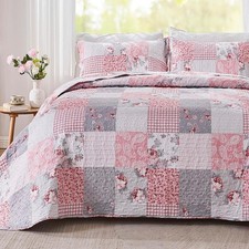 Pink Floral Plaid Quilt Set Full/Queen 3PC Reversible Lightweight
