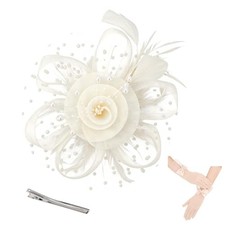 Womens Fascinators Hats and Gloves Set Short Lace Gloves Tea Party Flower Beige