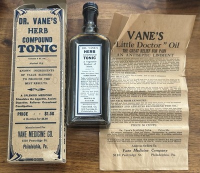 Antique Apothecary Glass Bottle W/ Original Box Dr Vane s Herb Compound Tonic