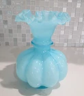Vtg Fenton Opalescent Light Blue Glass Melon Vase with Ruffle Top, 7 5/8" Tall