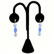 Charming Triple Blue Faceted Glass Beads Post Dangle Earrings