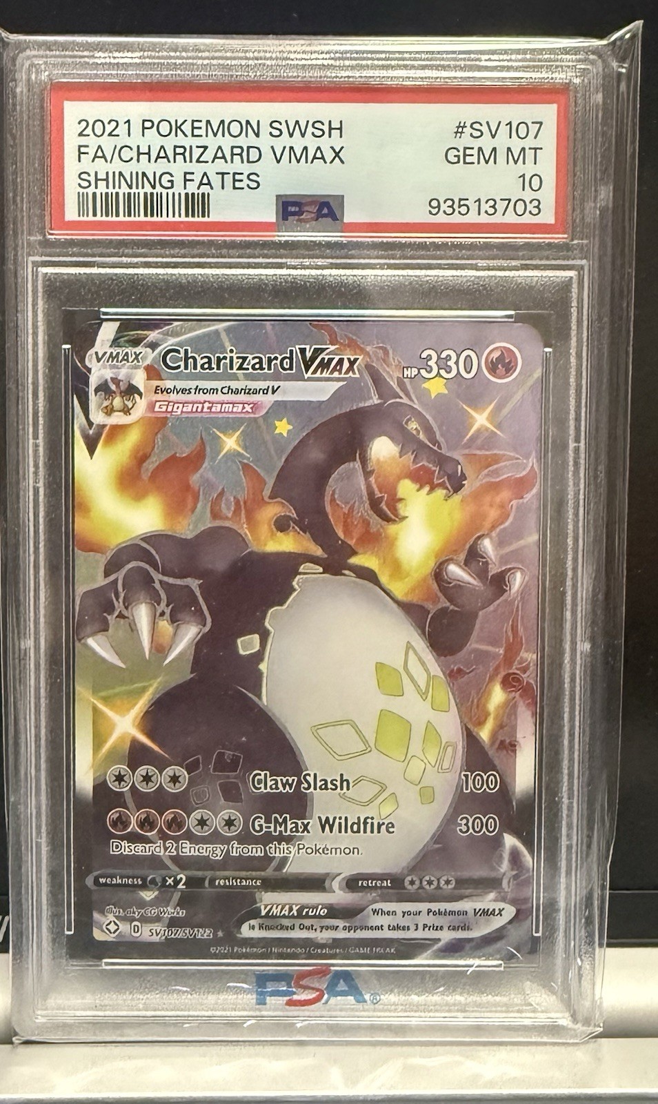2021 Pokémon TCG Charizard VMAX Shining Fates Holo Card SV107/SV122 PSA 10