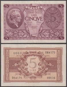 Italy, 5 Lire, 1944, VF+++, P-31