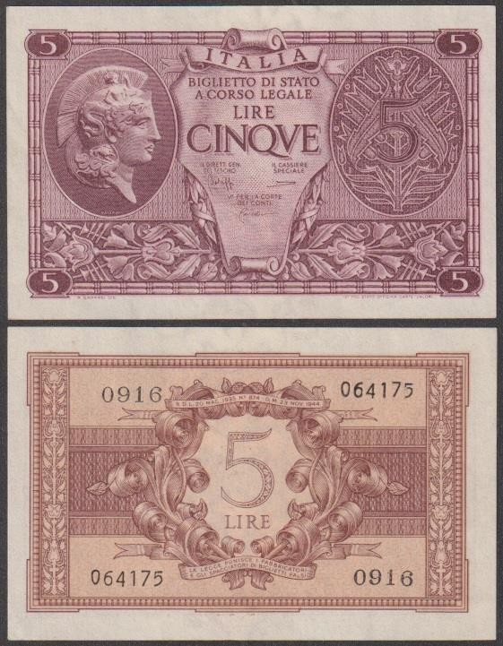 Italy, 5 Lire, 1944, VF+++, P-31