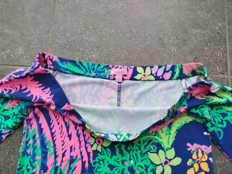 Robe Lilly Pulitzer Laurana manches 3/4 épaules dénudées indigo tropical tail... - Photo 4/4