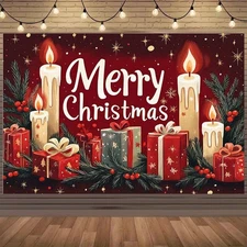 1pc Merry Christmas Background Cloth with Candles, Gifts, Greenery & Holly Decor