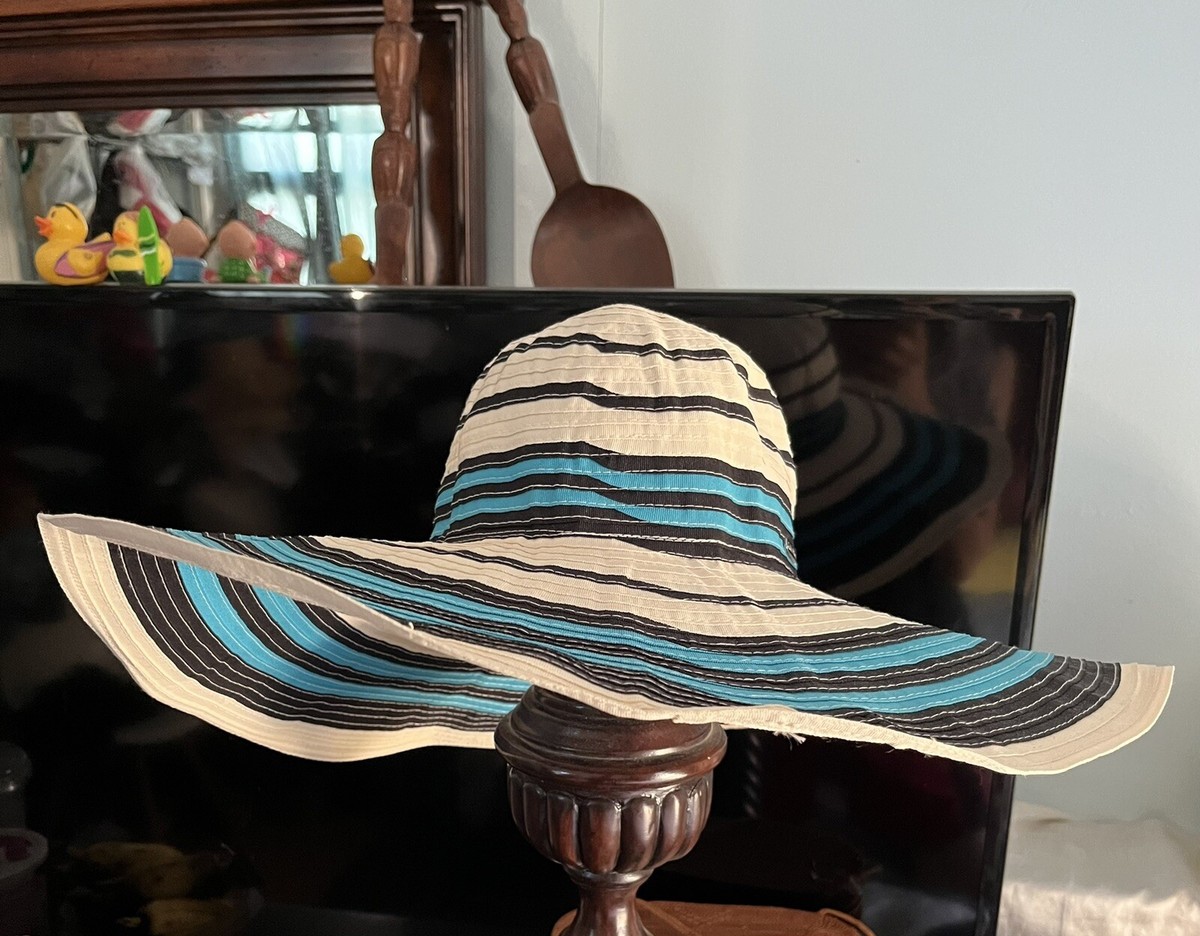 Calvin Klein Striped Floppy Beach / Sun Hat brimmed Blue 