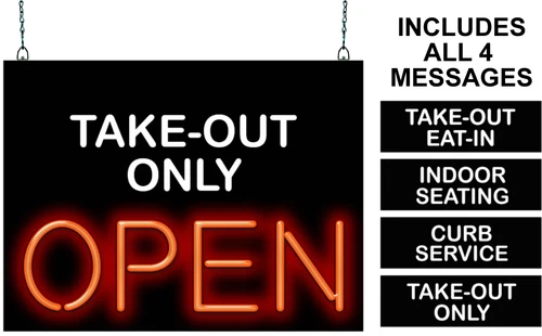 Open with Interchangeable Message Neon Sign  Jantec  24" x 18"  Take Out Cafe