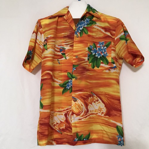 Made in Hawaii Shirt Mens M Camp Aloha Surf Floral Orange Polyester Hawaiian - Picture 2 of 9