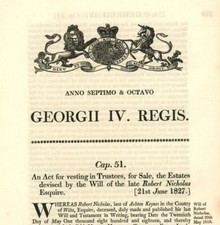 Antique Act of Parliament Will of Robert Nicholas vesting in Trustees 1827 