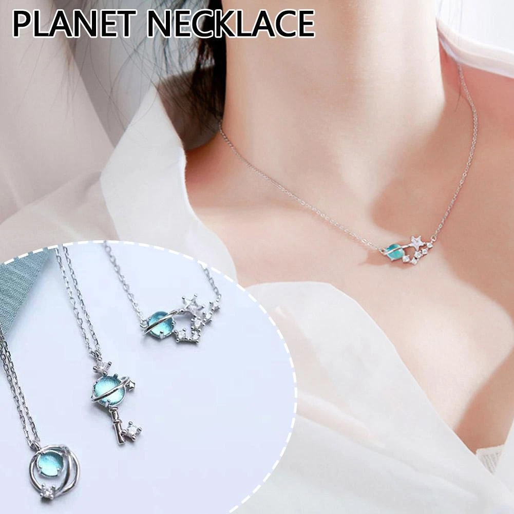 Planet Crystal Pendant Silver Chain Necklace Womens Lady Fashion