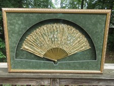 Giant Antique Vintage Framed Ladys Hand Fan Painted Lace 36" x 23" Framed Matted