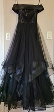 La Femme Off Shoulder A- Line Pleated Gown Black Sz 2