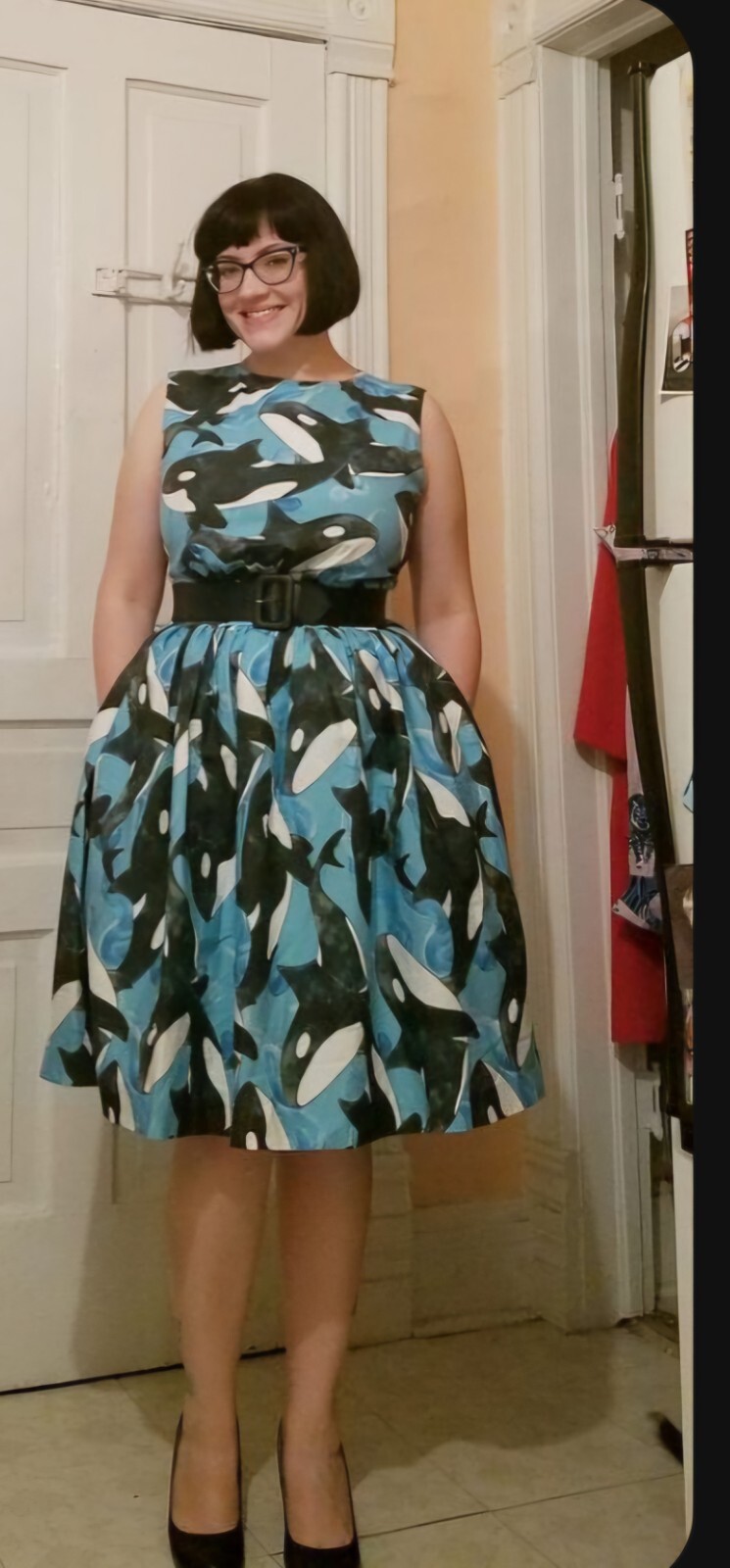 Hearts and Found Clarence dress in one of a kind orca whale print GUC size XL