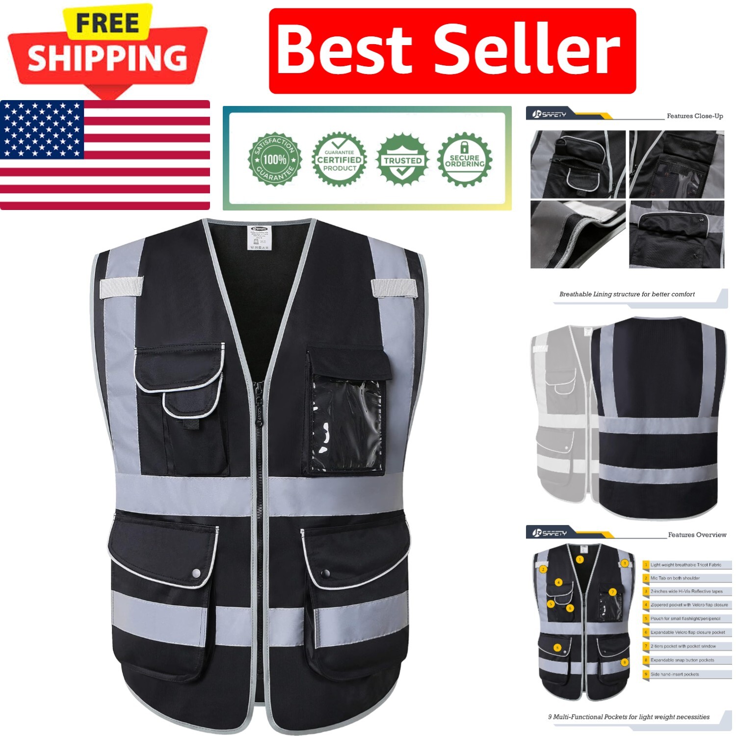 Womens Vest XIAKE Class 2 Hi-Vis Safety Vest (9 Pockets) - Reflective Work  Vest For Construction/Cycling (S-4XL) Weight Vest For Men XIAKE 8 Pockets High Visibility Safety Vest Black with 2 Inch Dual