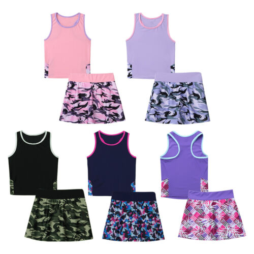 Kids Girls Athletic Outfits Tennis Golf Tracksuit Activewear Tank Tops Skirt Set - Afbeelding 1 van 33