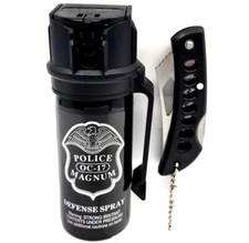 Police Magnum pepper spray 2 ounce flip top belt clip and pocket knife defense