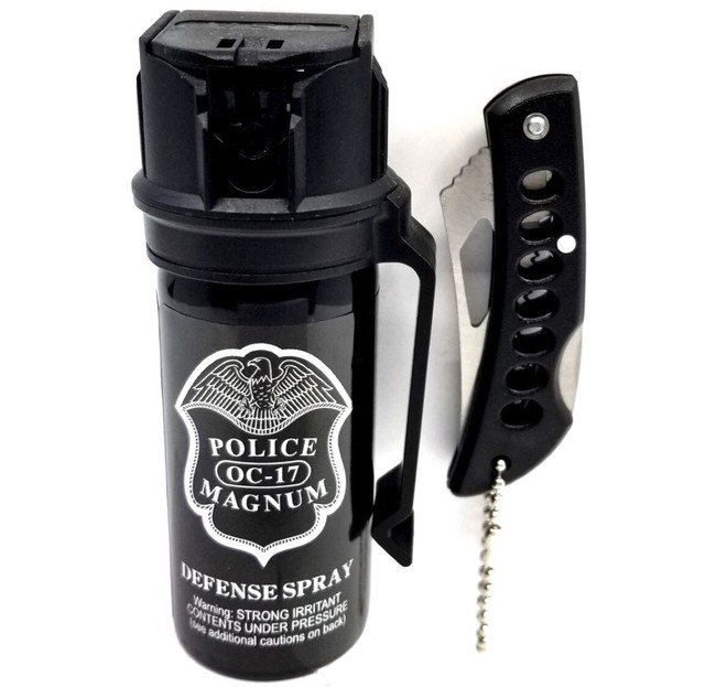 Police Magnum pepper spray 2 ounce flip top belt clip and pocket knife