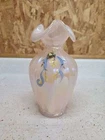 Fenton Vase Iridescent Pink Opaque Ruffled Rim Hand Painted M Wagner Signed