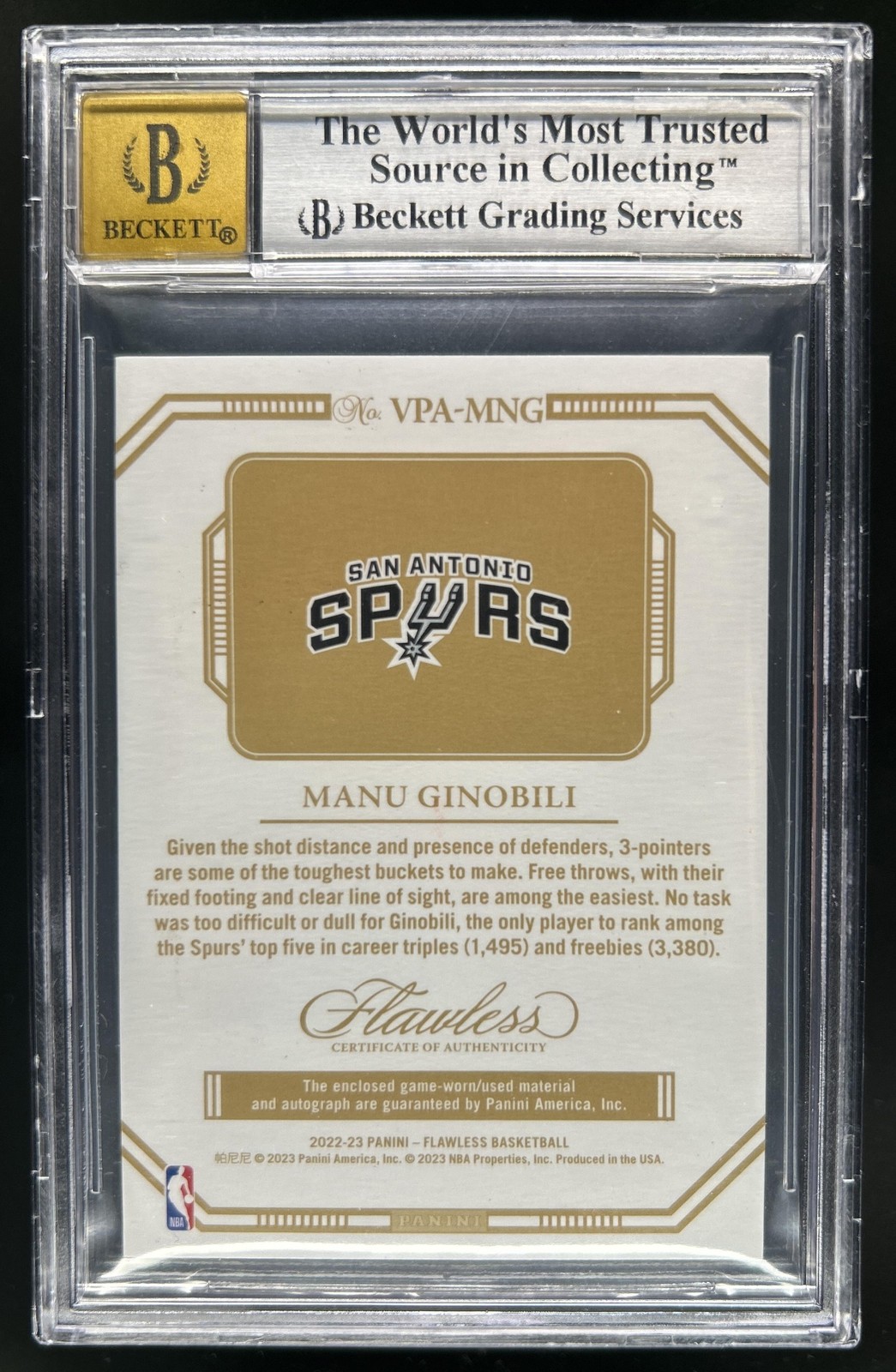 2022-23 Panini Flawless Manu Ginobili Vertical Patch Auto Ruby #/15 BGS 8.5 10 view 2
