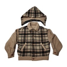 Kids Beige Plaid Sherpa Coat Detachable Hoodie Fleece Button Up Pockets 7-8 yo