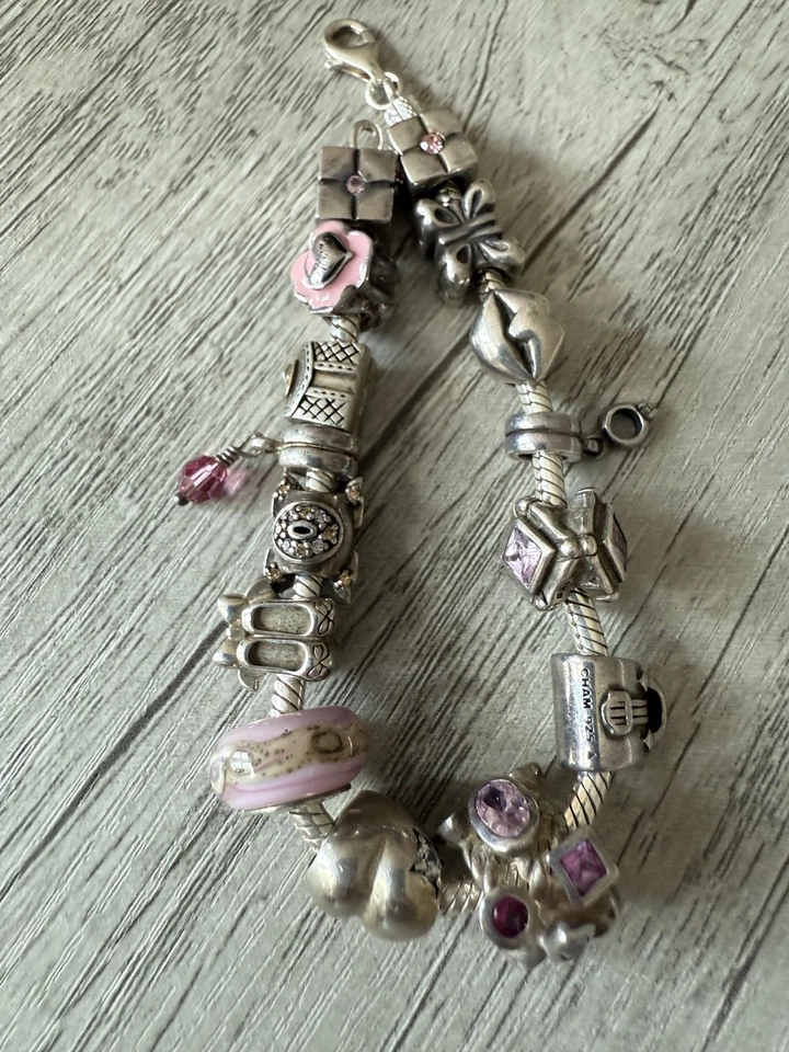 Pulsera CHAMILIA Cargada Plata de Ley Girlie Rosa Murano 15 Cuentas Dije 61g Foto 3 de 4
