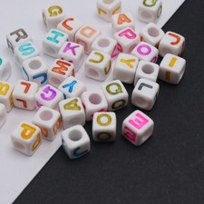 200pcs White with Color Assorted Alphabet Letter A-Z Cube Pony Beads 7X7mm