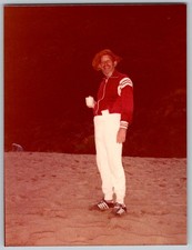 Vtg Color Snapshot Smiling Man In Red Track Jacket White Pants Beach Mug 1981