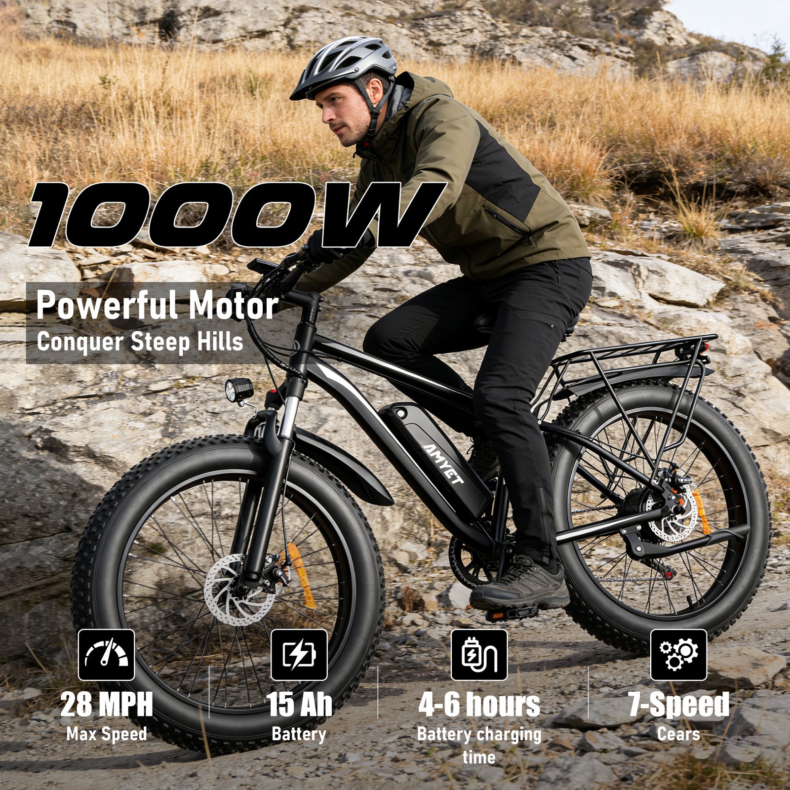 AMYET Electric Bike 1000W 26" Fat Tire Mountain Ebike 48V 15AH 28MPH for Adults