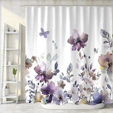 Purple Floral Shower Curtain, Cute Boho Watercolor Flower Wildflower Leaves Butt